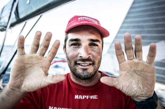Onboard MAPFRE – Carlos Hernandez showing how bad the hands get on a dry leg - Leg six to Newport – Volvo Ocean Race 2015 © Francisco Vignale/Mapfre/Volvo Ocean Race